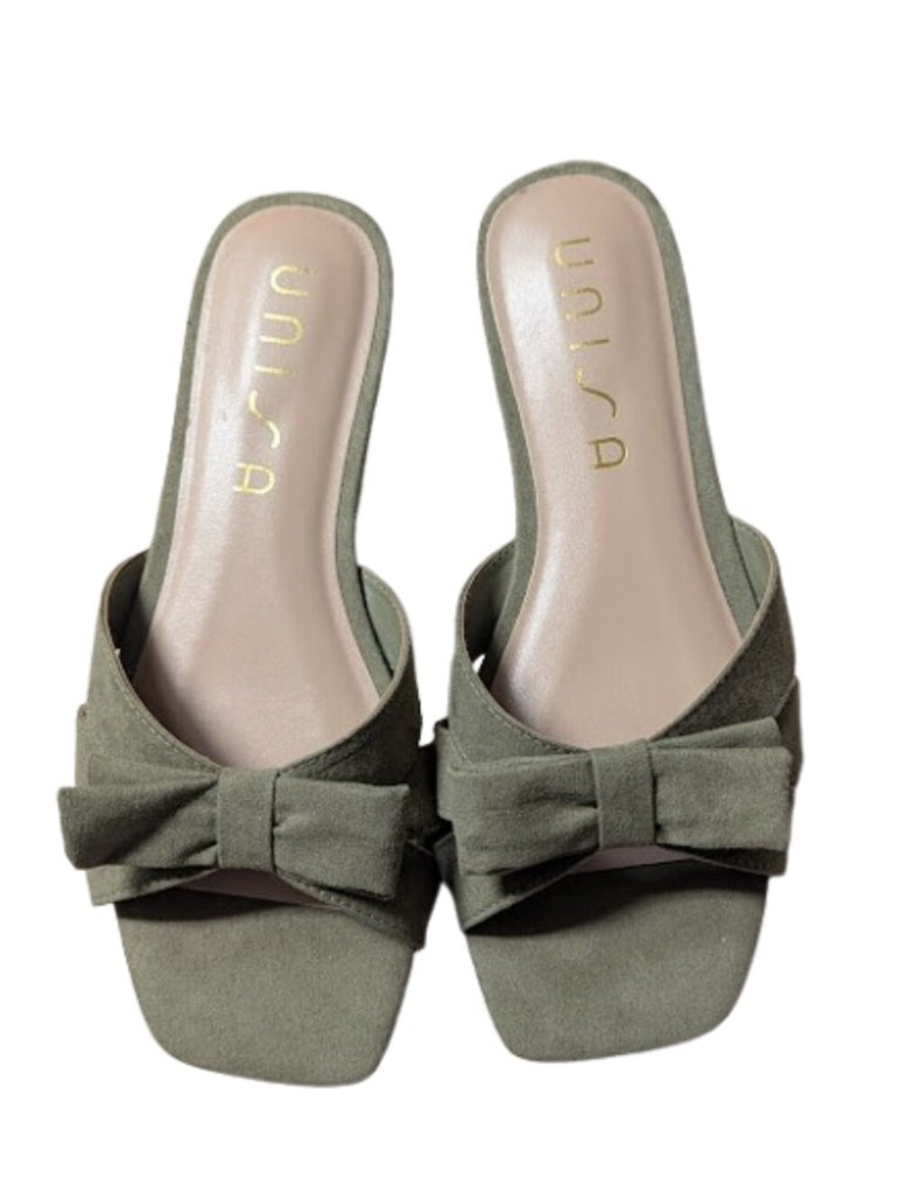 Unisa Moss Green w/Bow Detail Square Open Toe Flat Heel Sandals Size 8.5 NWOB